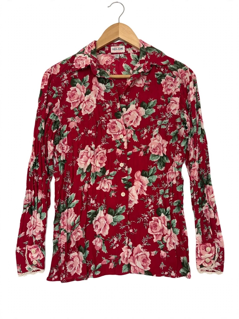 Vintage Y2K Guess Red Floral Button-Down Blouse with Pink Roses
